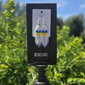 Handcrafted Beaded Earrings - Blue, Yellow, White